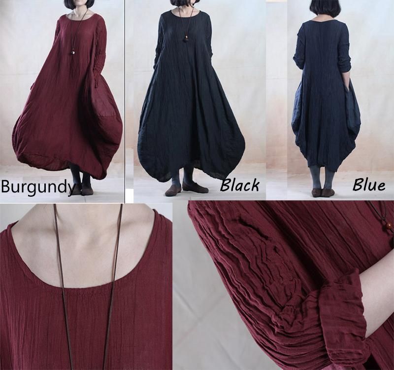 Oversize black linen maxi dress long holiday causal dress - Omychic
