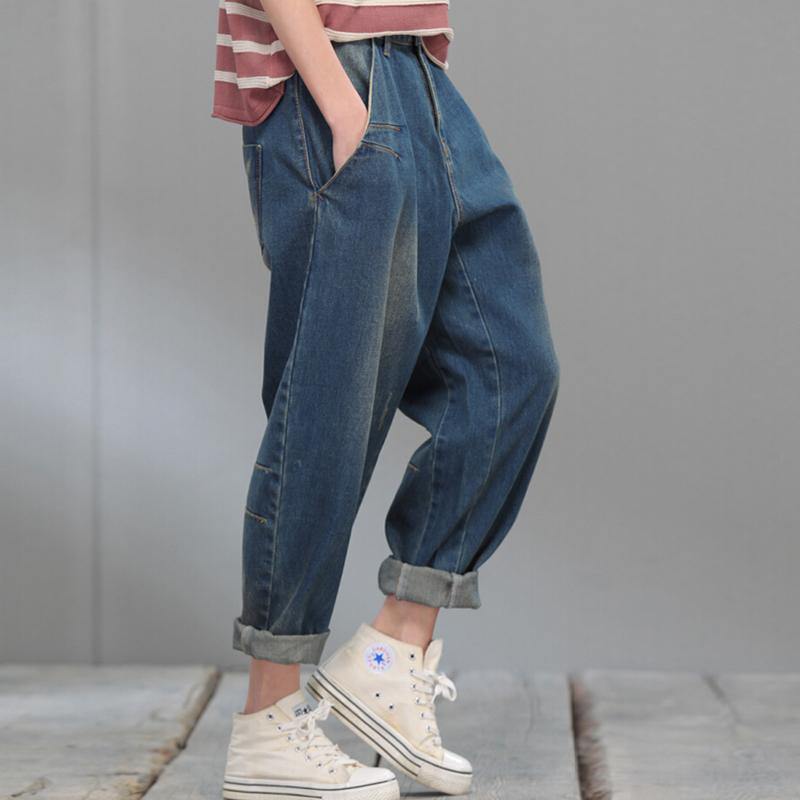 Oversize blue denim pants plus size jeans crop trousers - Omychic
