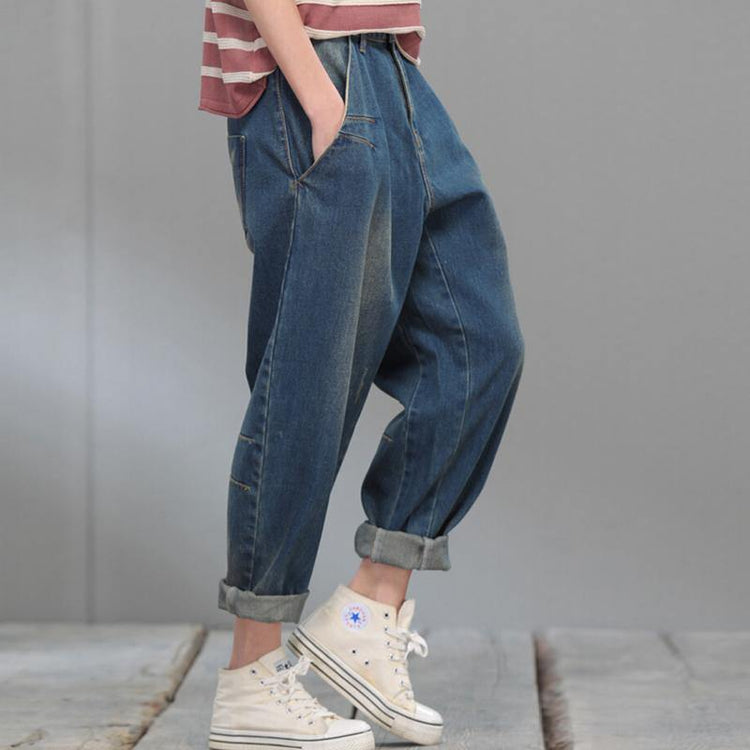 Oversize blue denim pants plus size jeans crop trousers - Omychic