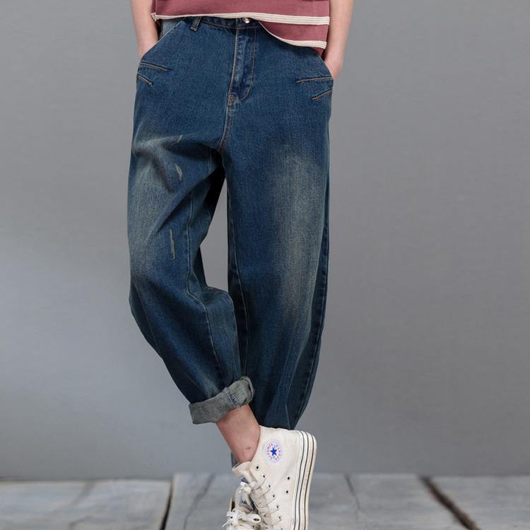 Oversize blue denim pants plus size jeans crop trousers - Omychic