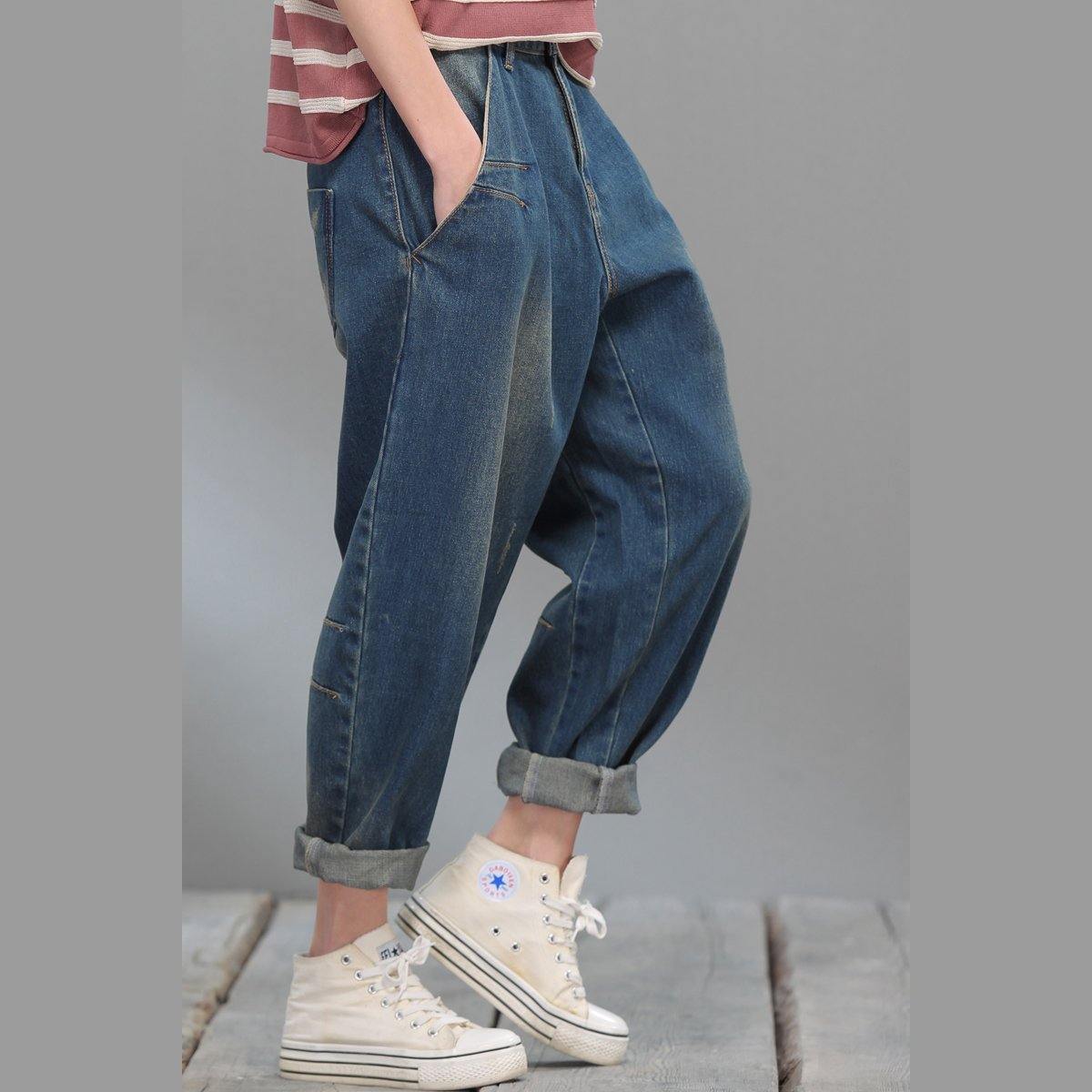 Oversize blue denim pants plus size jeans crop trousers - Omychic