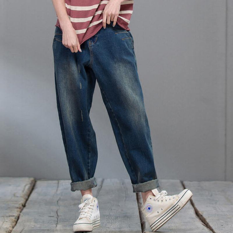 Oversize blue denim pants plus size jeans crop trousers - Omychic