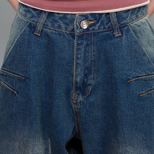 Oversize blue denim pants plus size jeans crop trousers - Omychic