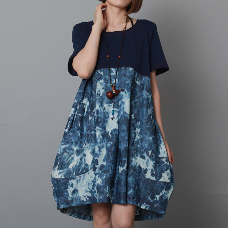 Oversize cotton summer dress navy print patchwork sundress shift dress - Omychic