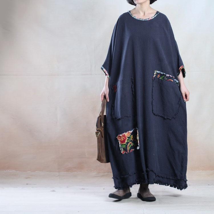 Oversize navy linen maxi dress plus size linen sundress - travel alone - Omychic