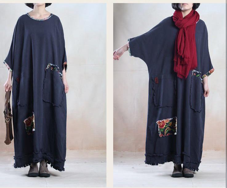 Oversize navy linen maxi dress plus size linen sundress - travel alone - Omychic