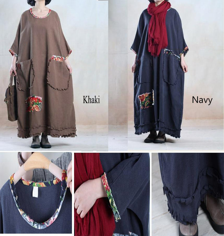 Oversize navy linen maxi dress plus size linen sundress - travel alone - Omychic