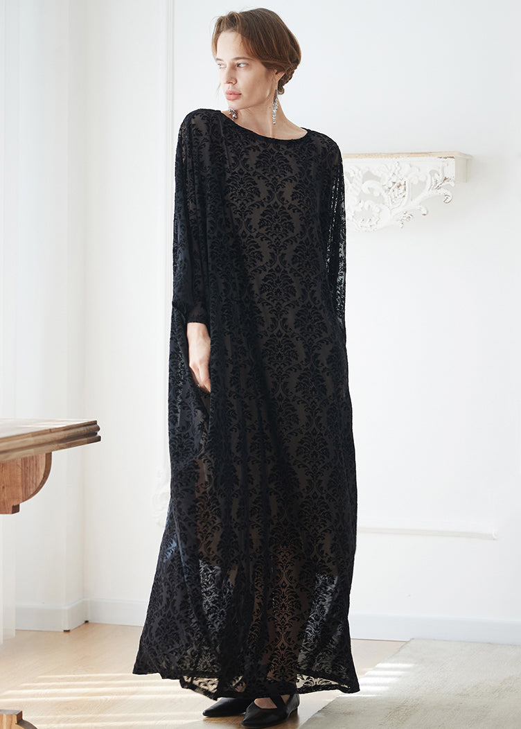 Oversized Black O Neck Jacquard Velour Robe Dresses Summer