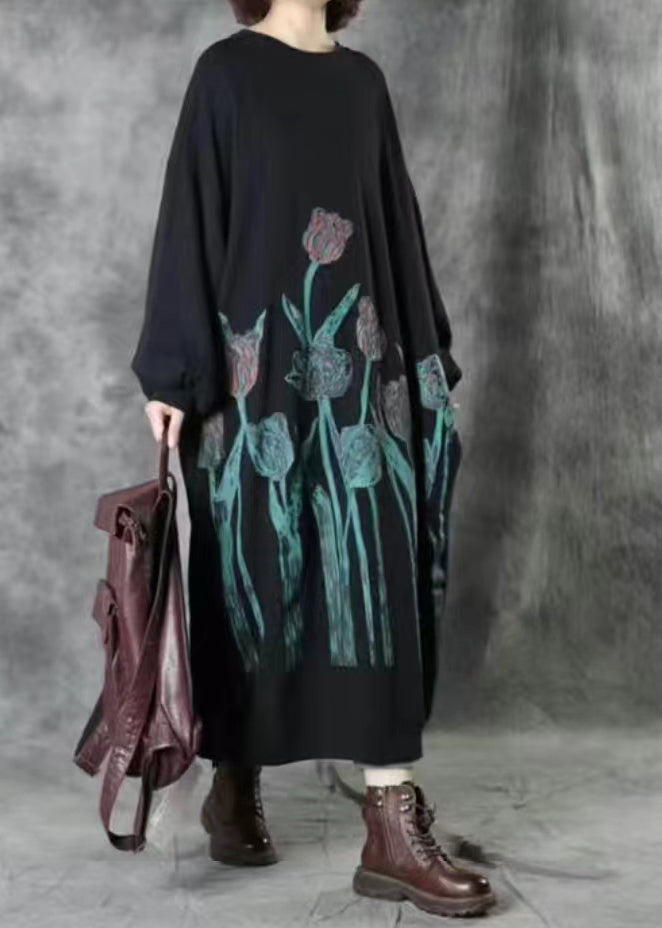 Oversized Black O Neck Print Thin Warm Fleece Dress Spring