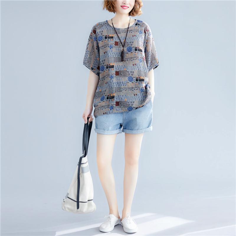 Women Plus Size Cotton Tee Linen Print Tops