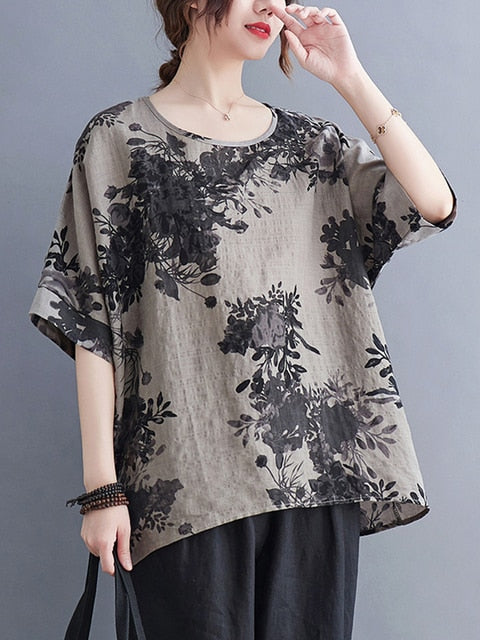 Vintage Plus Size Flower Printed Casual Loose Tops