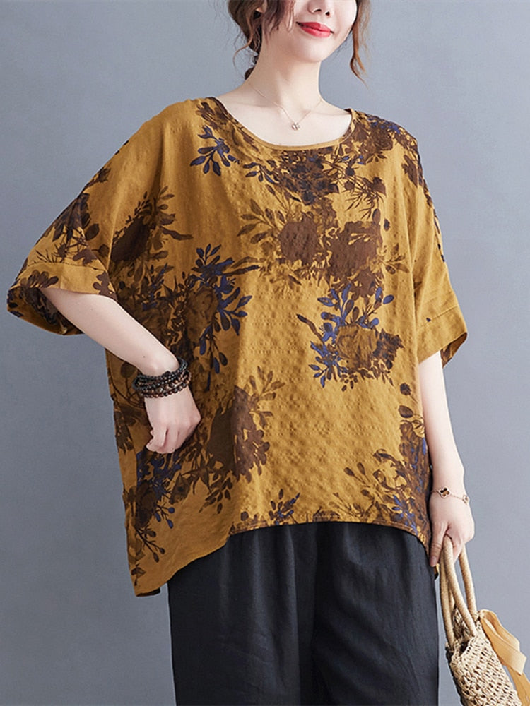 Vintage Plus Size Flower Printed Casual Loose Tops
