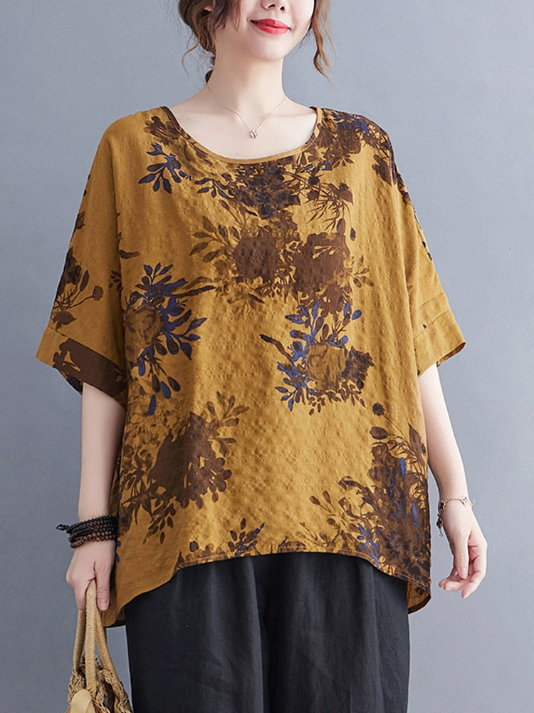 Vintage Plus Size Flower Printed Casual Loose Tops