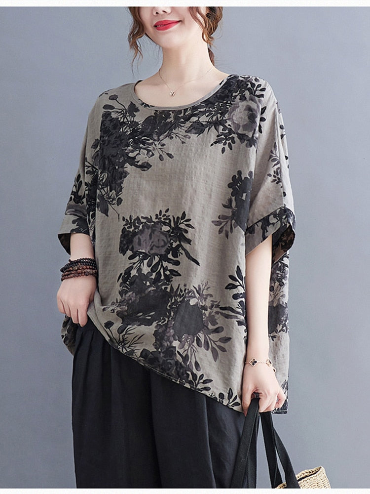 Vintage Plus Size Flower Printed Casual Loose Tops