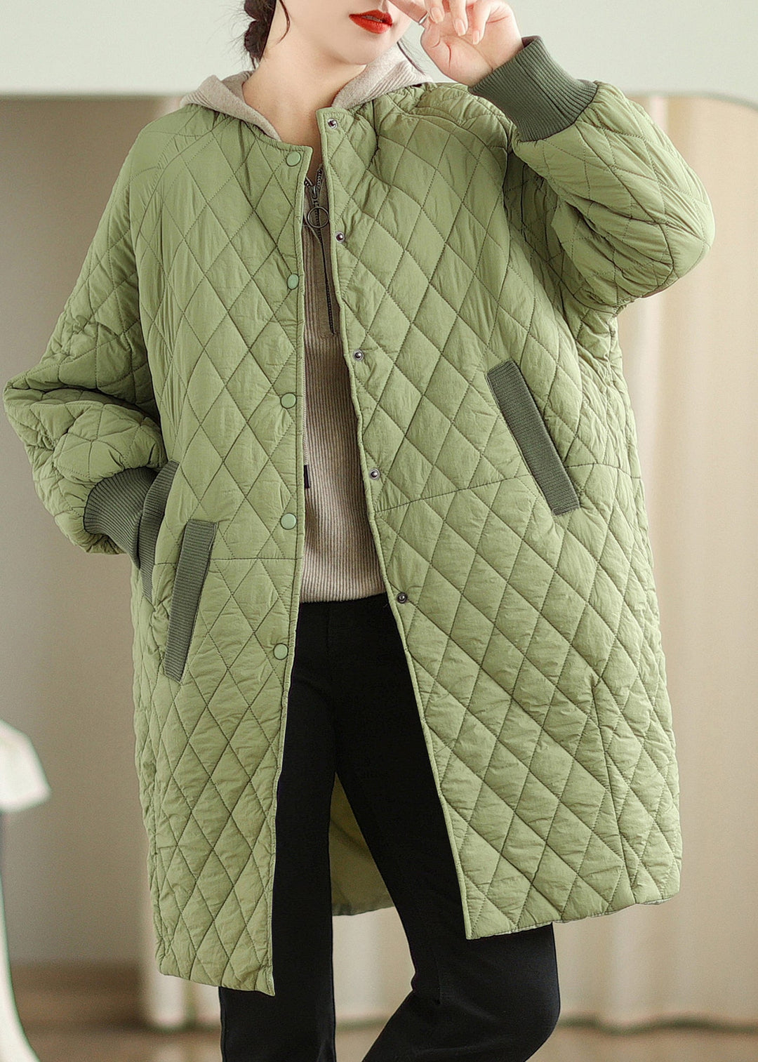 Oversized Green Hooded Pockets Fine Cotton Filled Coat Winter