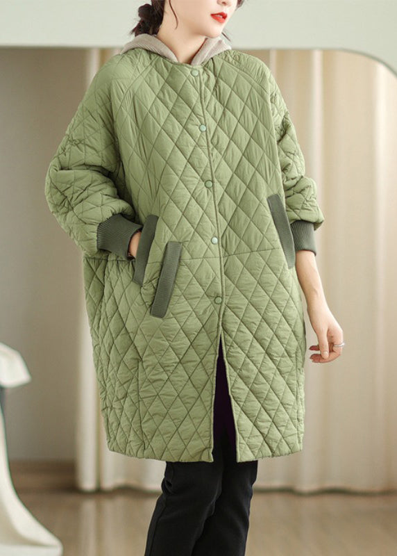 Oversized Green Hooded Pockets Fine Cotton Filled Coat Winter