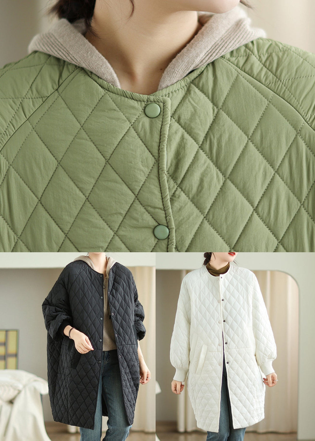 Oversized Green Hooded Pockets Fine Cotton Filled Coat Winter
