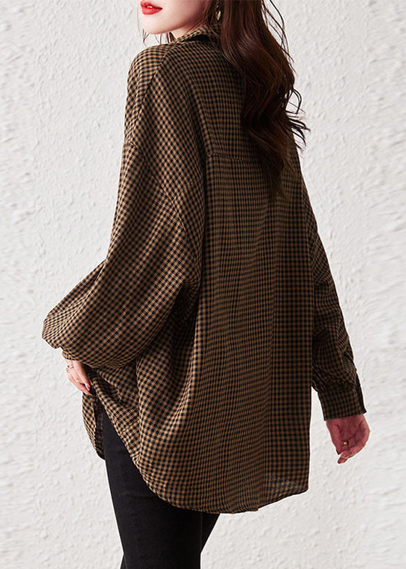 Oversized Plaid Peter Pan Collar Pockets Patchwork Cotton Shirts Long Sleeve