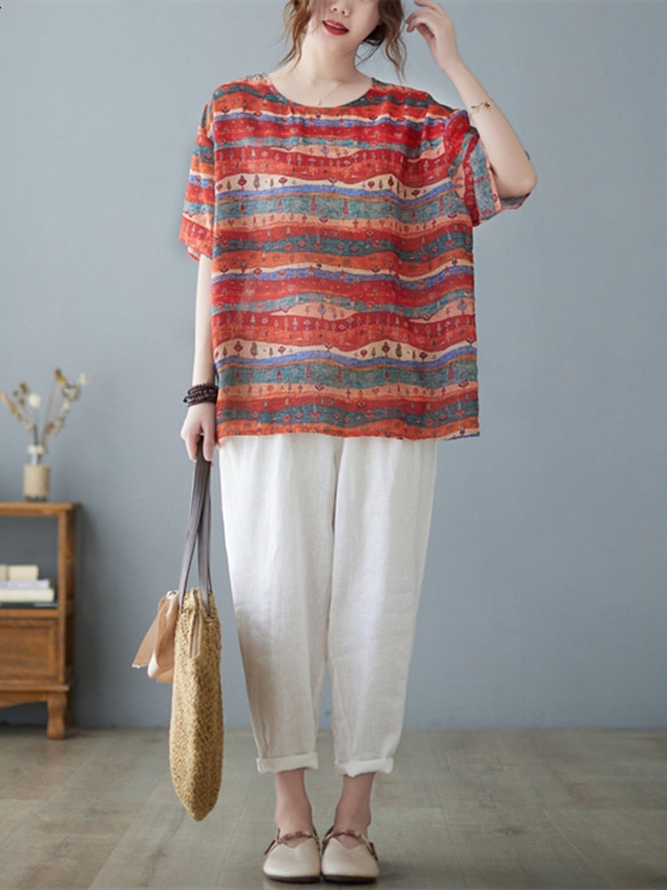 Vintage Red Striped Print Casual Loose Tops