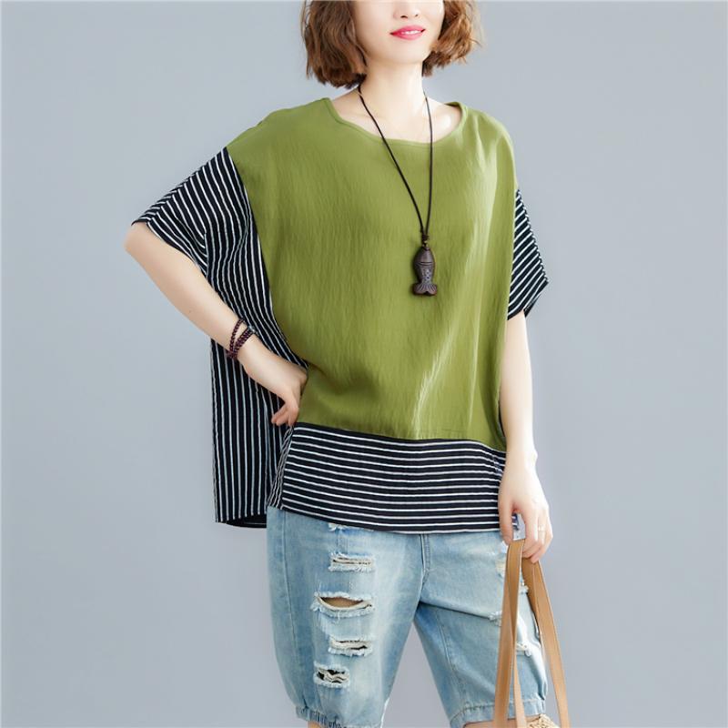 Plus Size Striped Cotton Linen Women's Tops