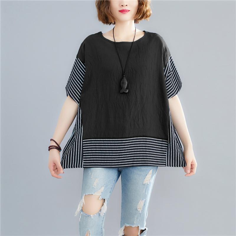 Plus Size Striped Cotton Linen Women's Tops