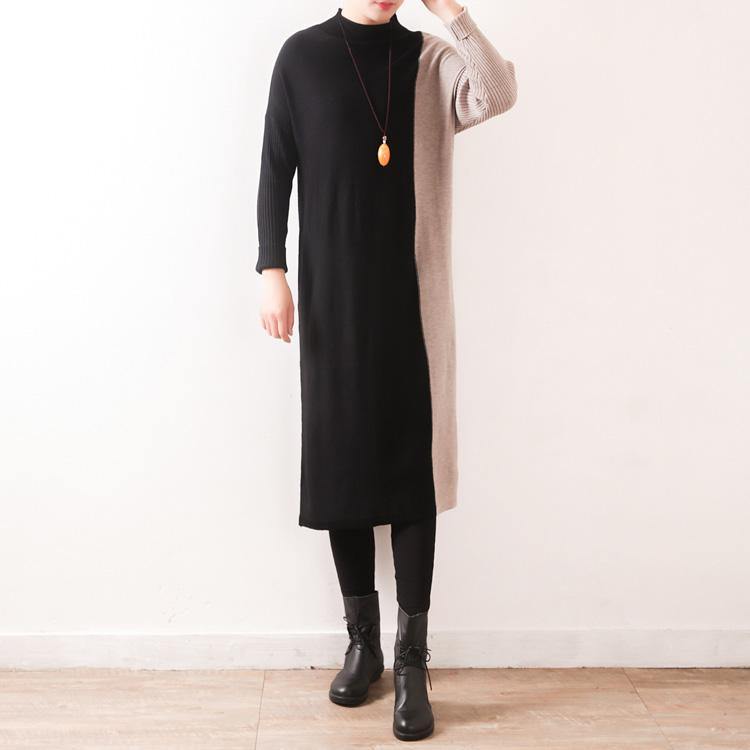 Oversized Sweater dress outfit Moda high neck patchwork black Mujer knit dress - Omychic