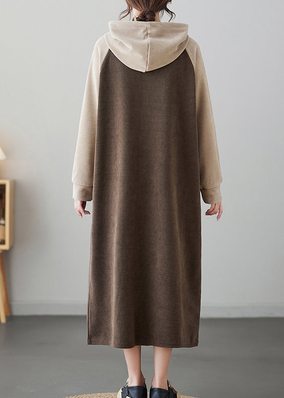 Oversized Trendy Coffee Patchwork Long Hooded Dresses Winter