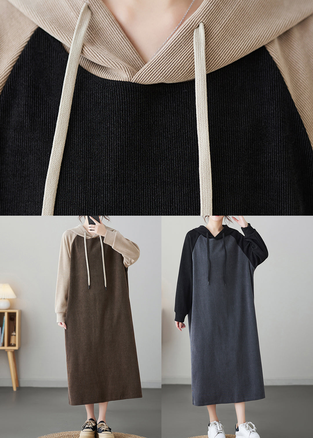 Oversized Trendy Coffee Patchwork Long Hooded Dresses Winter