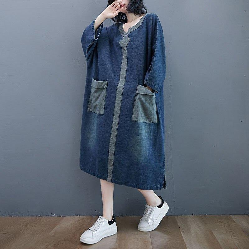 Oversized Women Casual Denim Dresses New 2020 Autumn Vintage Style V-neckLong Dress - Omychic