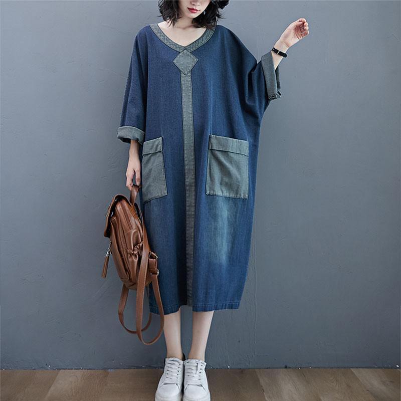Oversized Women Casual Denim Dresses New 2020 Autumn Vintage Style V-neckLong Dress - Omychic