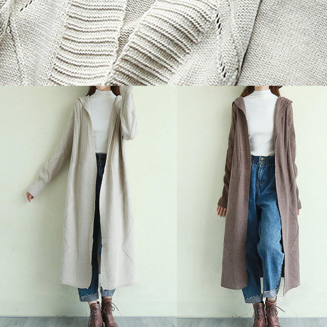 Oversized beige knit jacket plus size clothing hooded knit warm outwear - Omychic