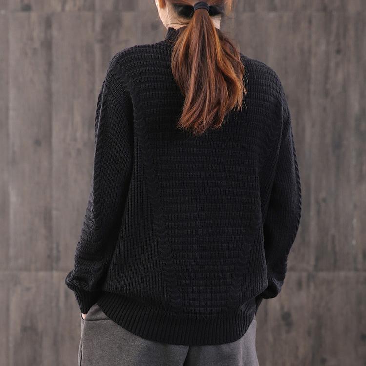 Oversized black knit blouse plus size clothing high neck knit sweat tops wild - Omychic