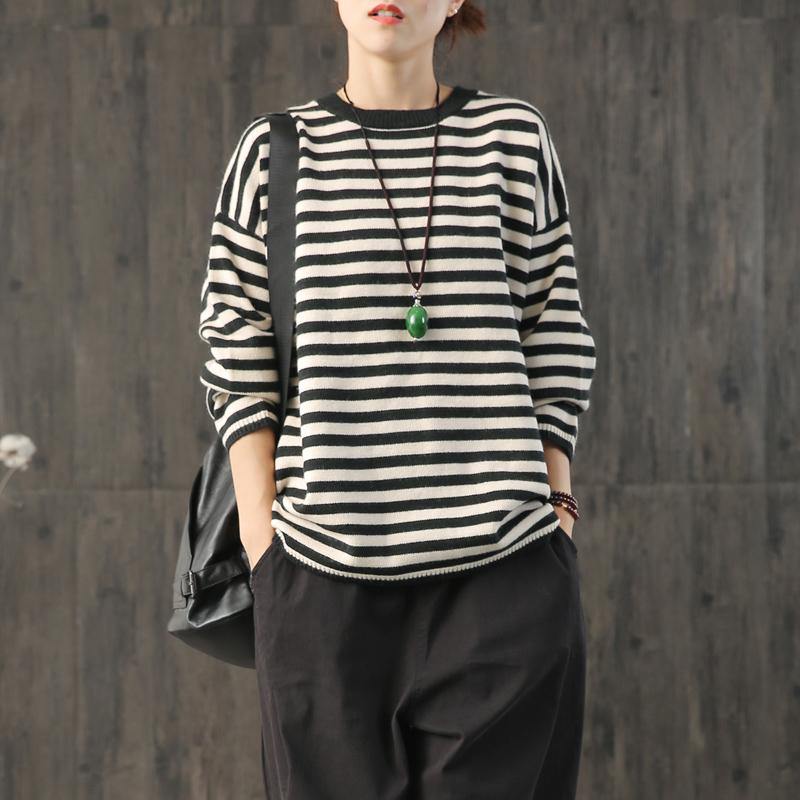 Oversized black striped Sweater Blouse fall knit tops o neck - Omychic