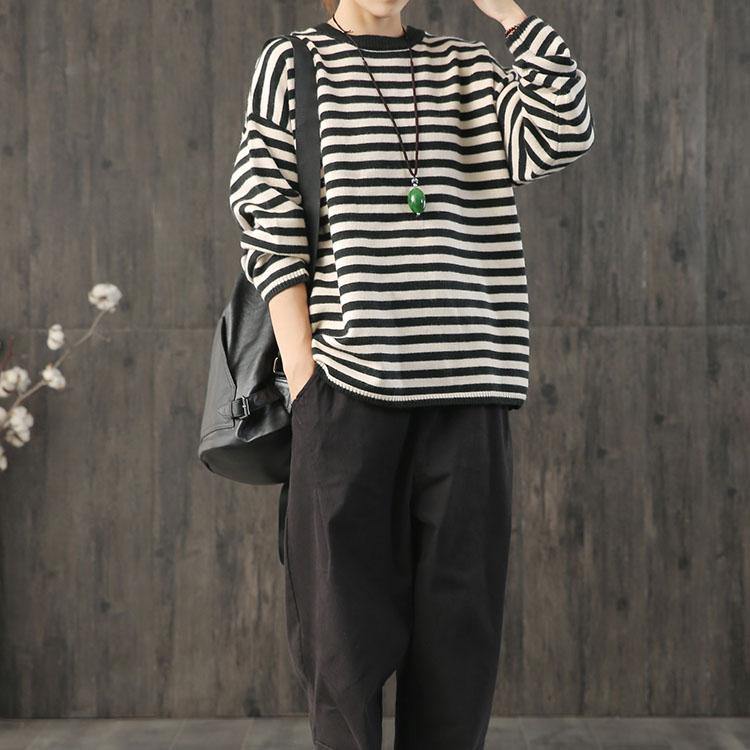 Oversized black striped Sweater Blouse fall knit tops o neck - Omychic