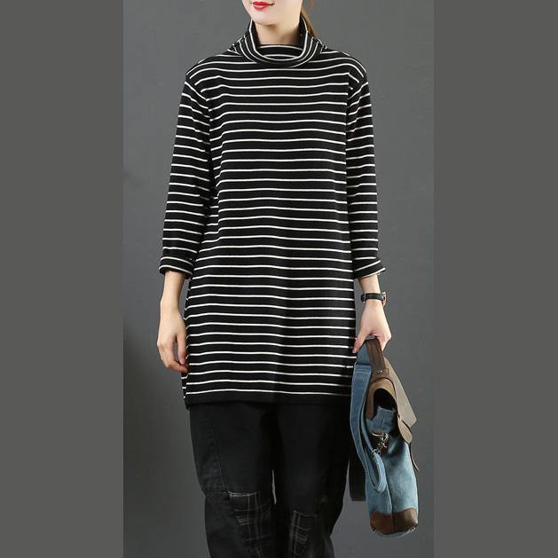Oversized black sweater tops high neck plus size clothing striped knitted blouse - Omychic