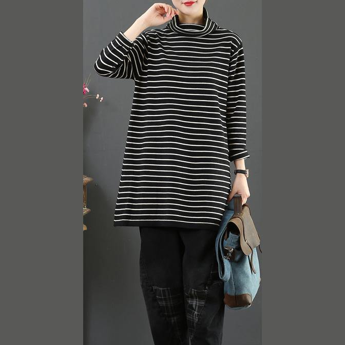 Oversized black sweater tops high neck plus size clothing striped knitted blouse - Omychic