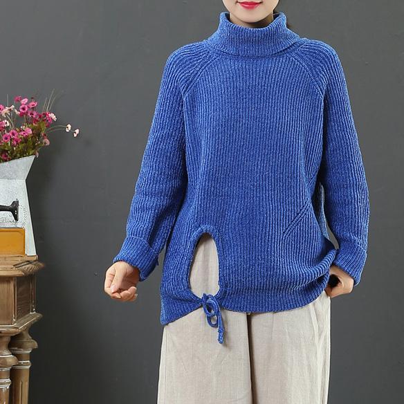 Oversized blue knit blouse drawstring hem trendy plus size high neck knitwear - Omychic