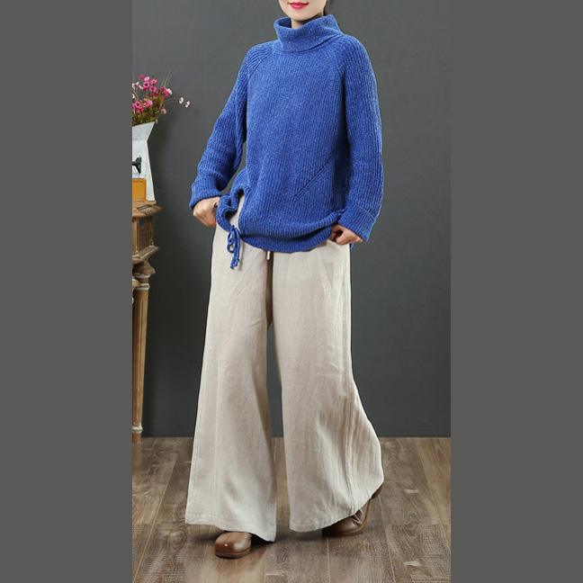 Oversized blue knit blouse drawstring hem trendy plus size high neck knitwear - Omychic