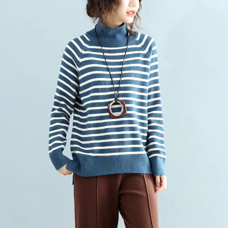 Oversized blue striped knitted pullover oversize knitwear high neck - Omychic