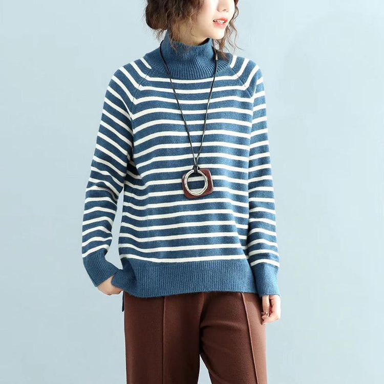 Oversized blue striped knitted pullover oversize knitwear high neck - Omychic