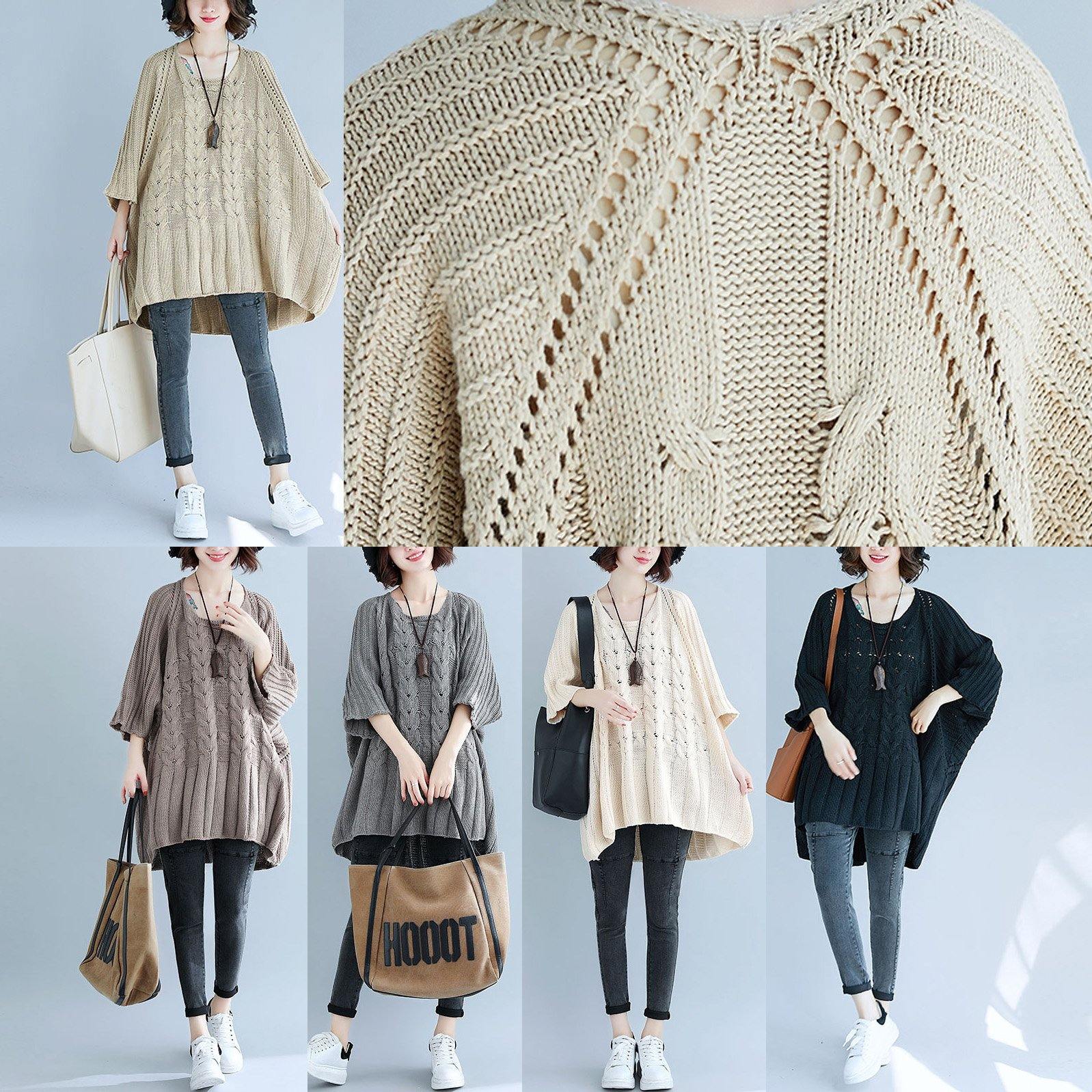Oversized bracelet sleeved knitted top plus size hollow out knit tops khaki - Omychic