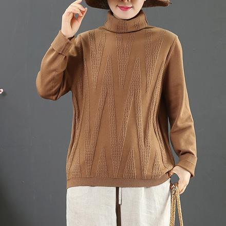 Oversized brown knitted t shirt wild casual high neck knit tops - Omychic