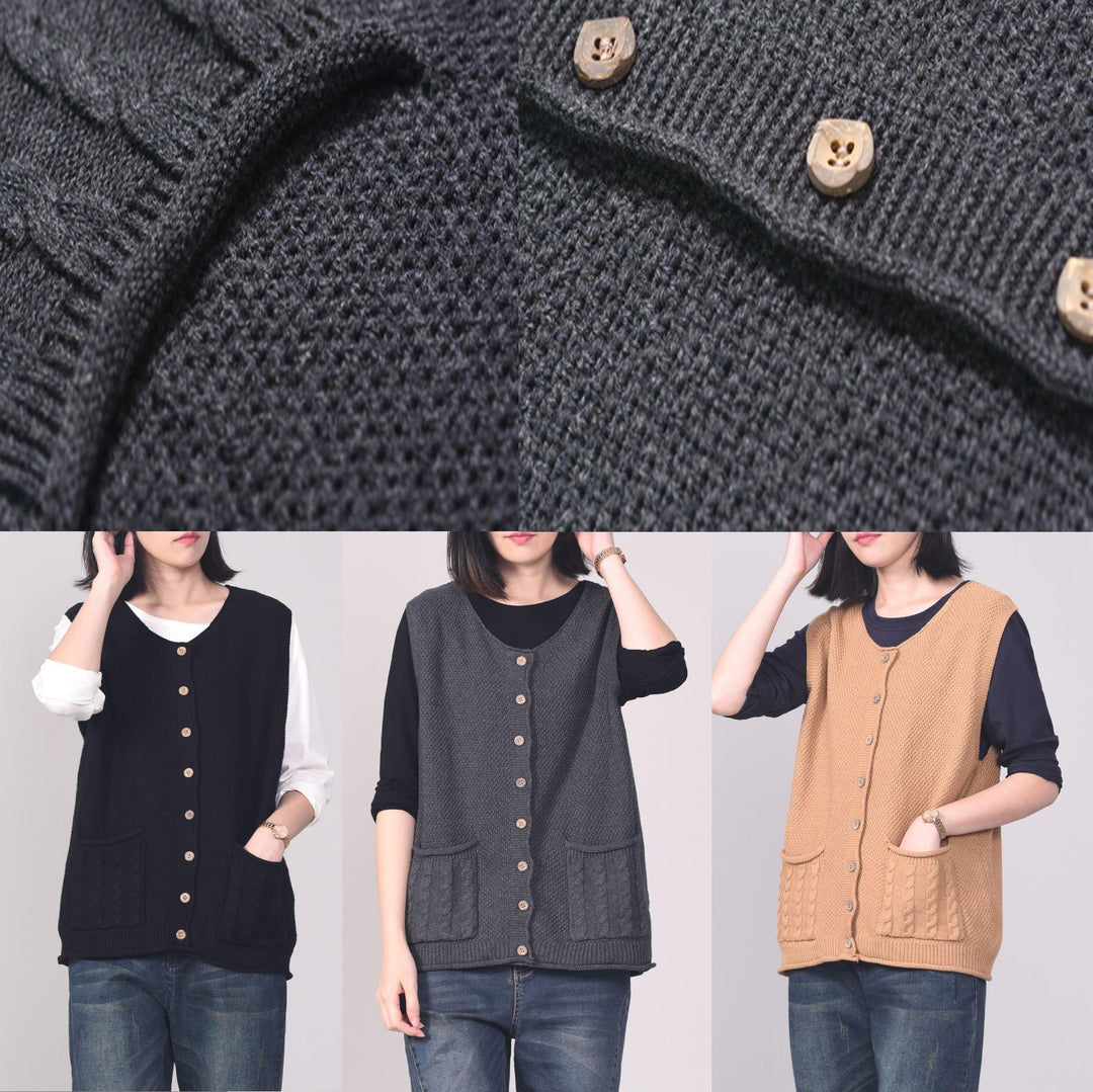Oversized dark gray knitted top plus size clothing sleeveless knitwear v neck - Omychic