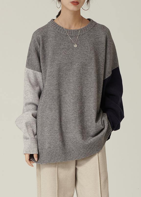 Oversized Gray Sweater Blouse O Neck Patchwork Fall Knitwear