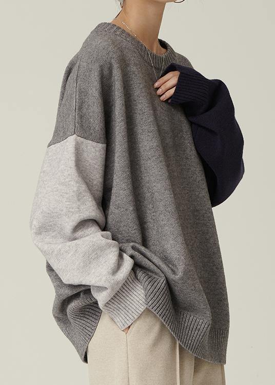 Oversized Gray Sweater Blouse O Neck Patchwork Fall Knitwear