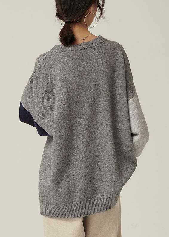 Oversized Gray Sweater Blouse O Neck Patchwork Fall Knitwear