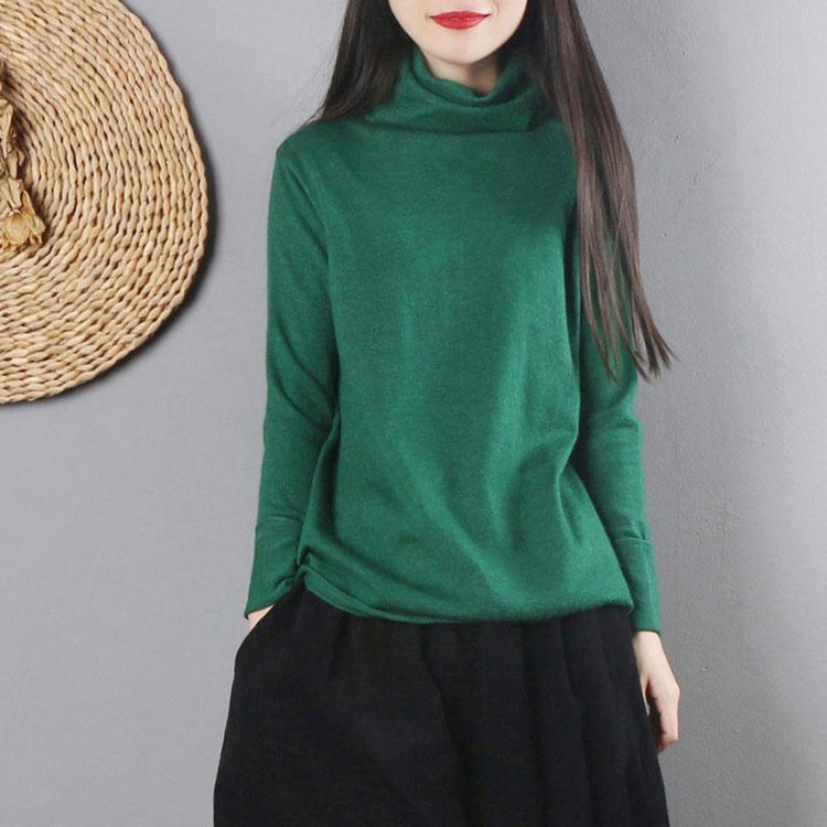 Oversized green knit blouse Loose fitting high neck knitwear long sleeve - Omychic