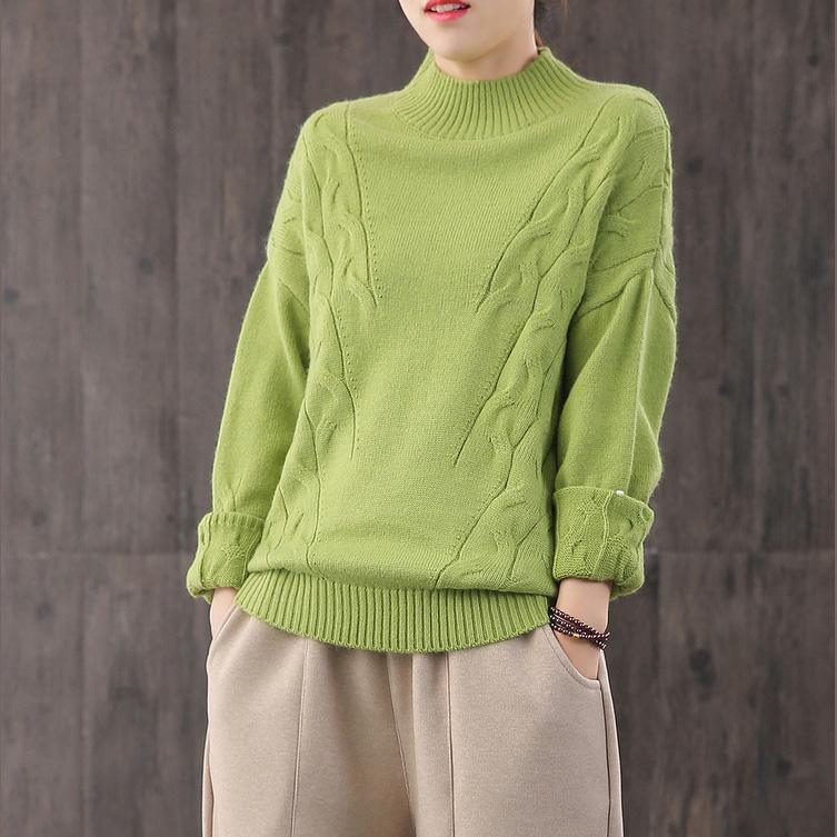 Oversized green knit tops casual high neck knit blouse - Omychic