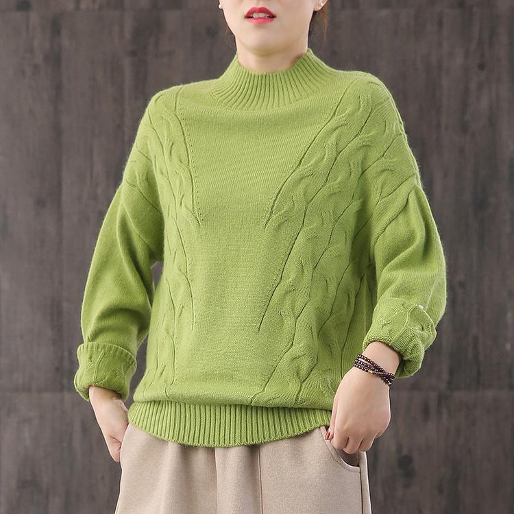 Oversized green knit tops casual high neck knit blouse - Omychic