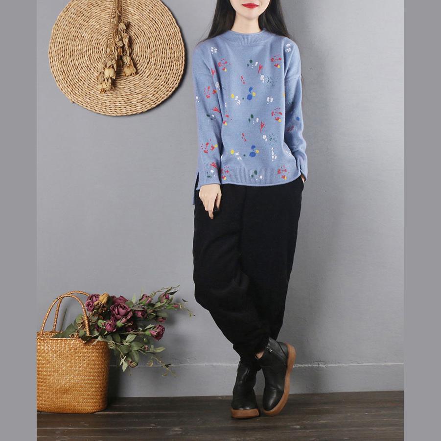 Oversized o neck blue print sweaters oversize long sleeve knit blouse - Omychic
